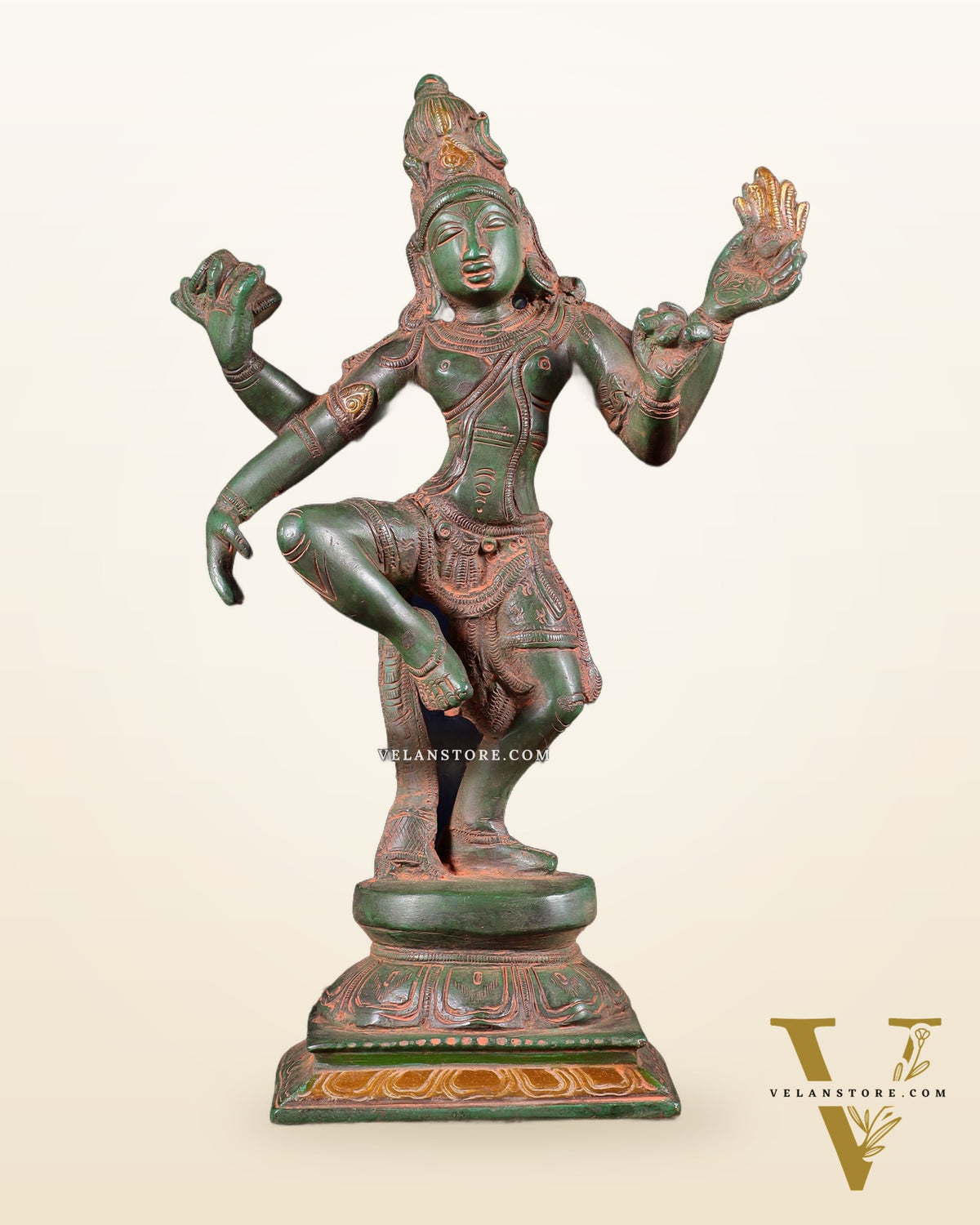 Pure Brass Dancing Shiva Statue – Green Patina & Sand Finish 11.5 inch
