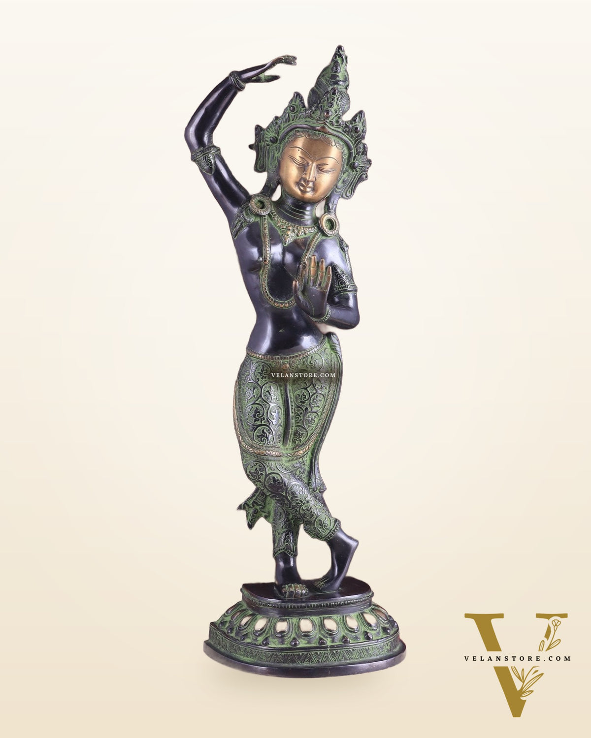 Pure Brass Dancing Tara Devi Maya Buddhist Sculpture - 20" Tall black green tone