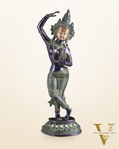 Pure Brass Dancing Tara Devi Maya Buddhist Sculpture - 20" Tall black green tone