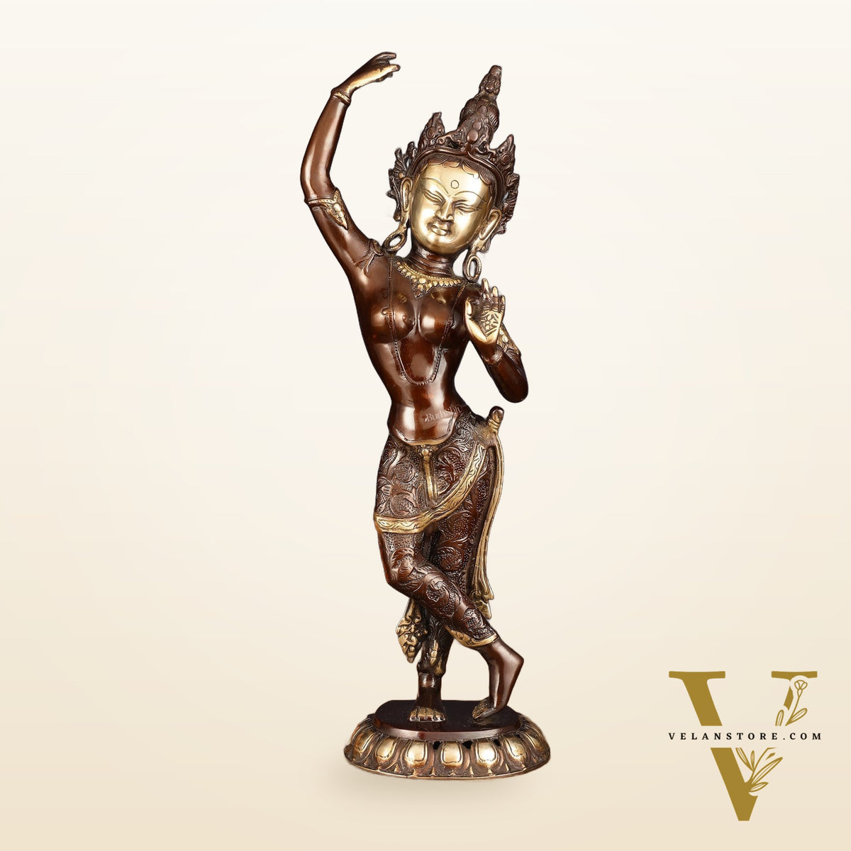 Pure Brass Dancing Tara Devi Maya Buddhist Sculpture - 20" Tall