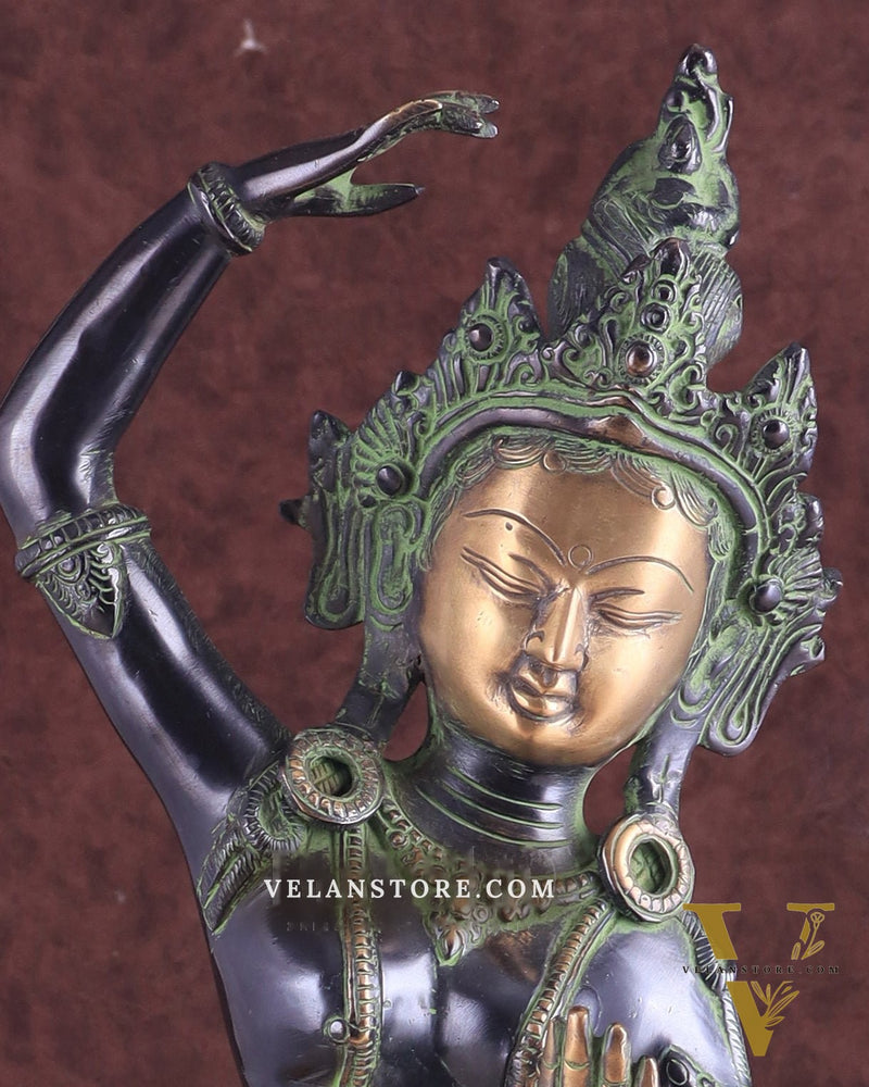 Pure Brass Dancing Tara Devi Maya Buddhist Sculpture - 20" Tall black green tone