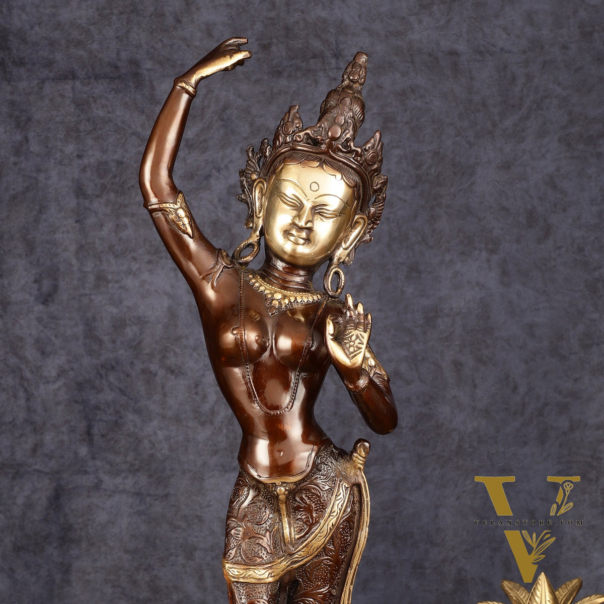 Pure Brass Dancing Tara Devi Maya Buddhist Sculpture - 20" Tall