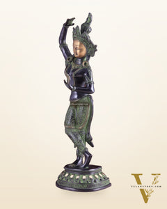 Pure Brass Dancing Tara Devi Maya Buddhist Sculpture - 20" Tall black green tone