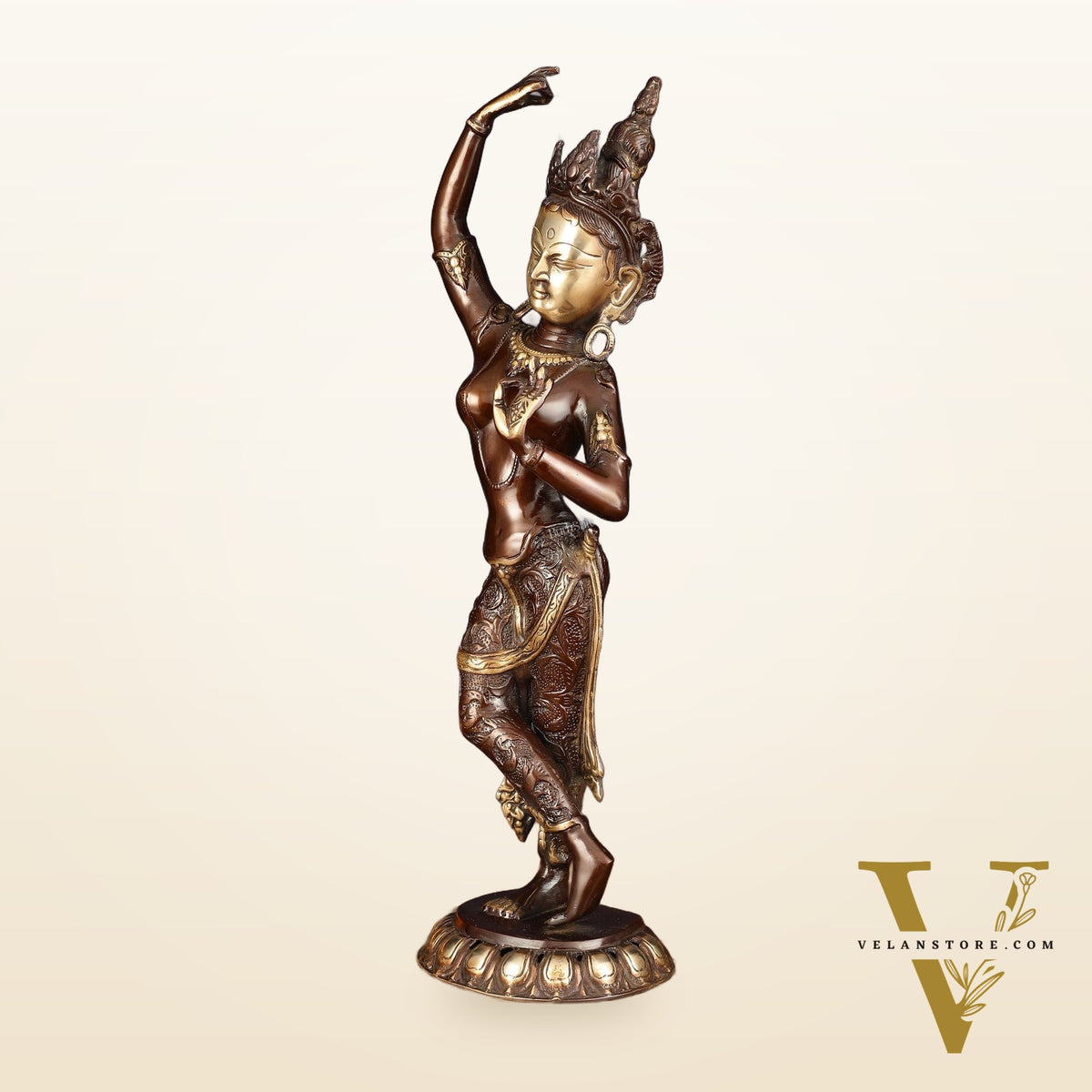 Pure Brass Dancing Tara Devi Maya Buddhist Sculpture - 20" Tall