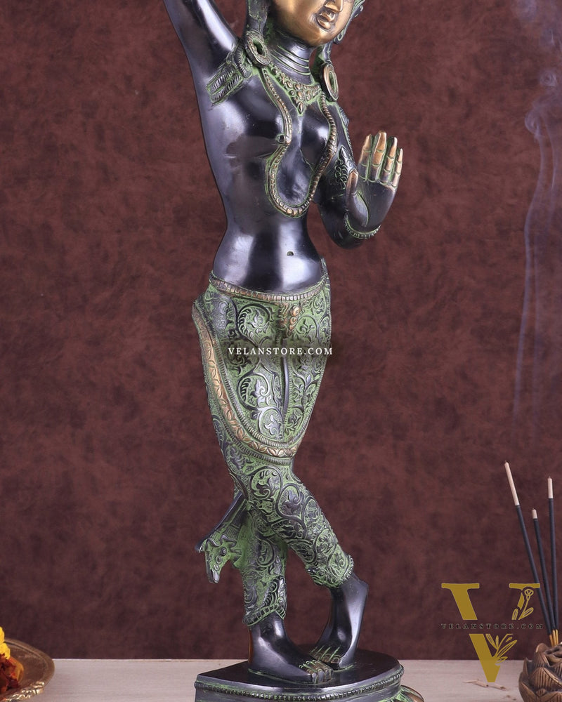 Pure Brass Dancing Tara Devi Maya Buddhist Sculpture - 20" Tall black green tone