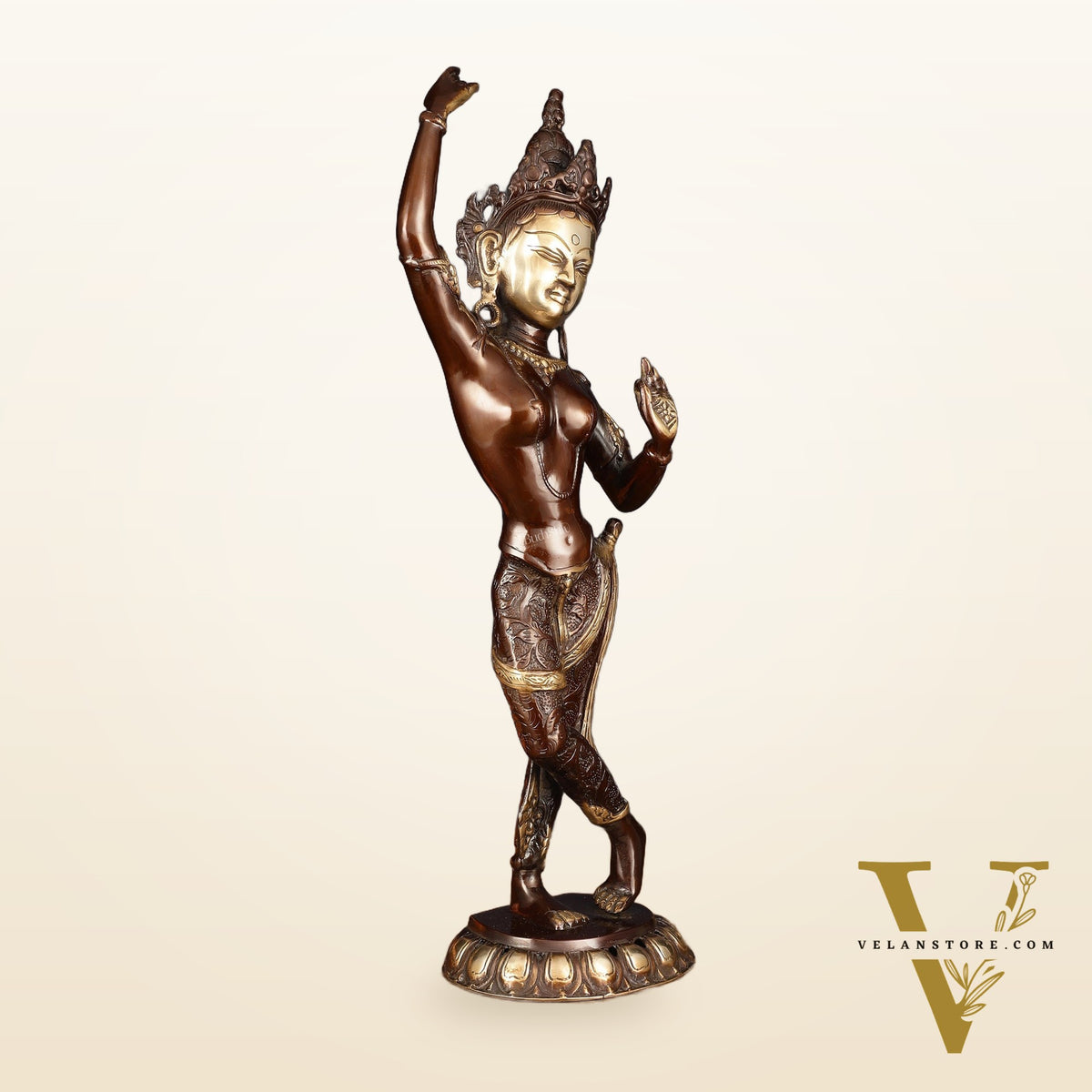 Pure Brass Dancing Tara Devi Maya Buddhist Sculpture - 20" Tall