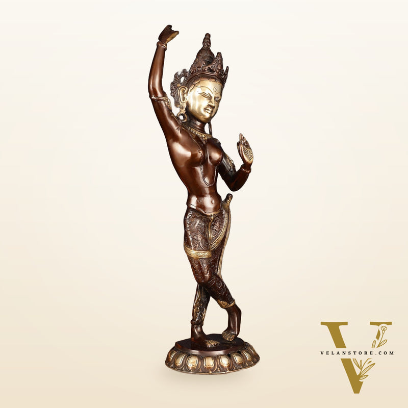 Pure Brass Dancing Tara Devi Maya Buddhist Sculpture - 20" Tall
