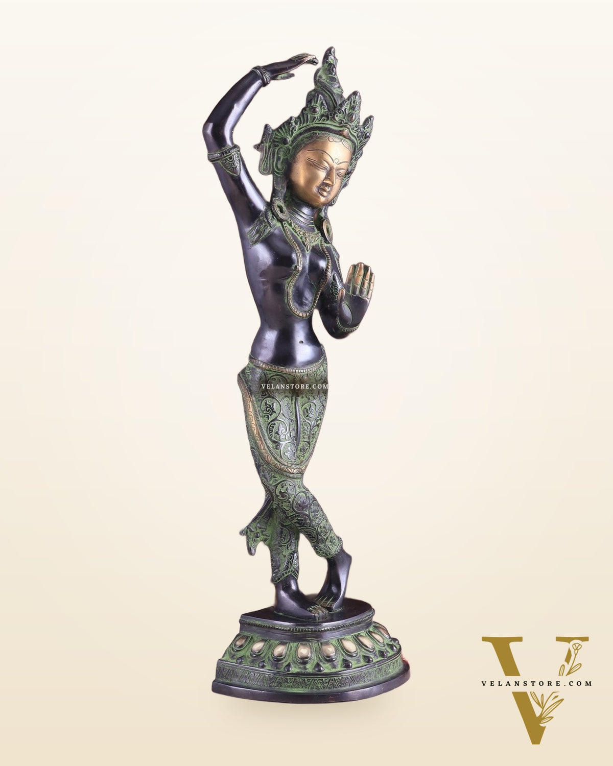 Pure Brass Dancing Tara Devi Maya Buddhist Sculpture - 20" Tall black green tone