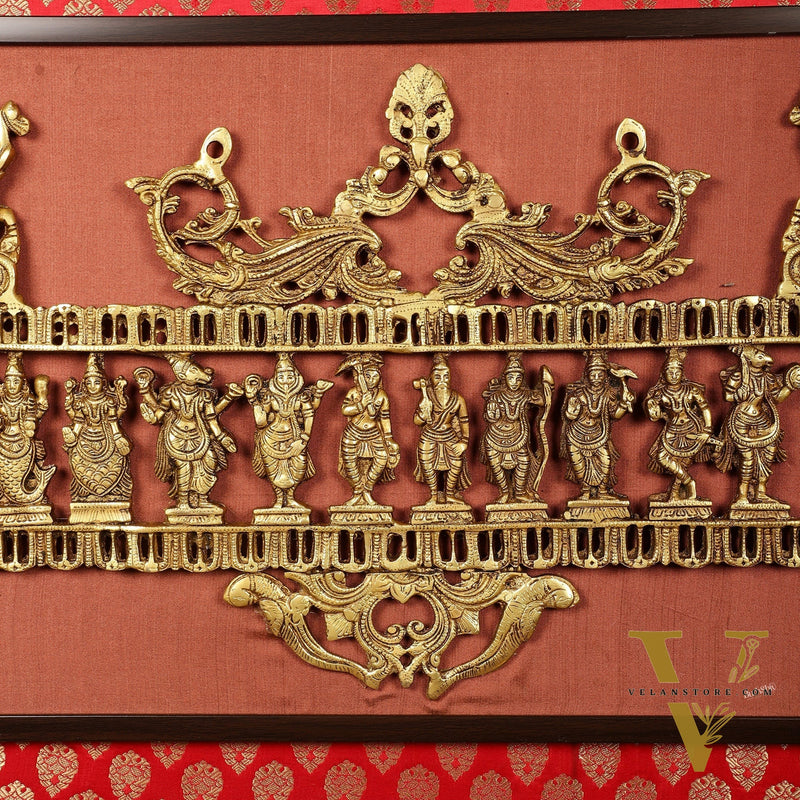 Pure Brass Dashavatar Wall Hanging on Wooden Frame with Premium Fabric | 21.5 Inch Height