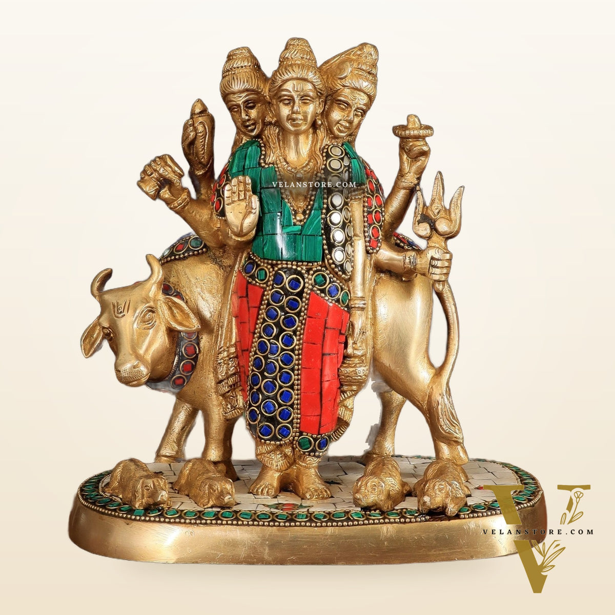 Pure Brass Dattatreya guru with a cow and four dogs idol