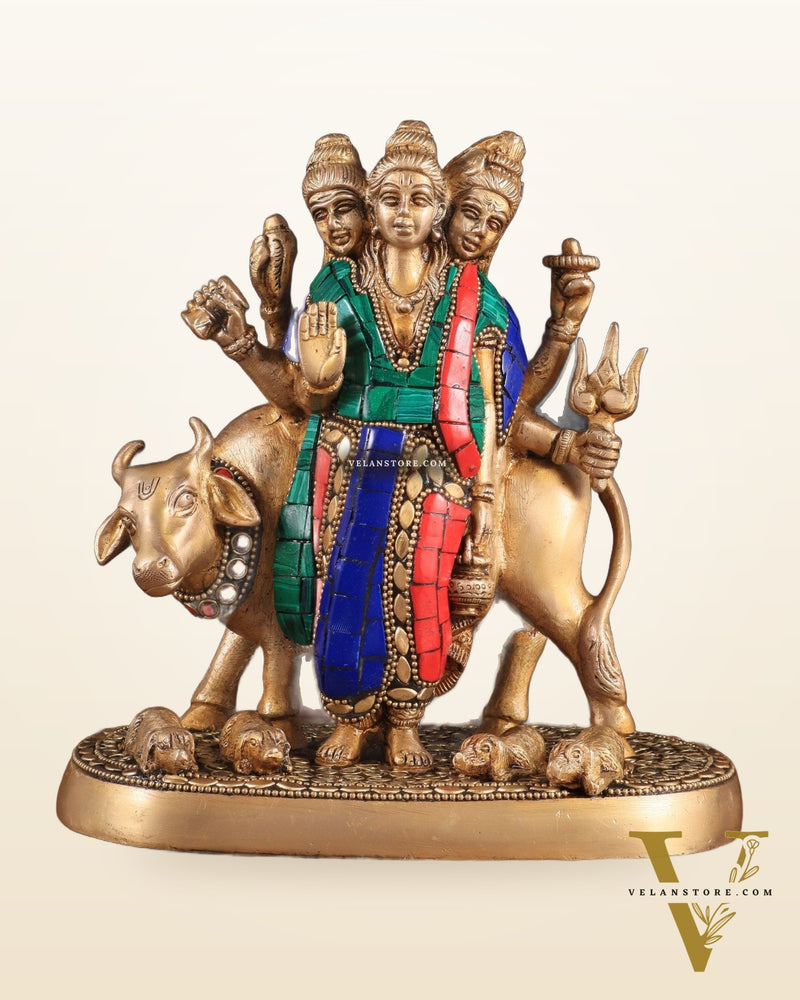 Pure Brass Dattatreya guru with a cow and four dogs idol