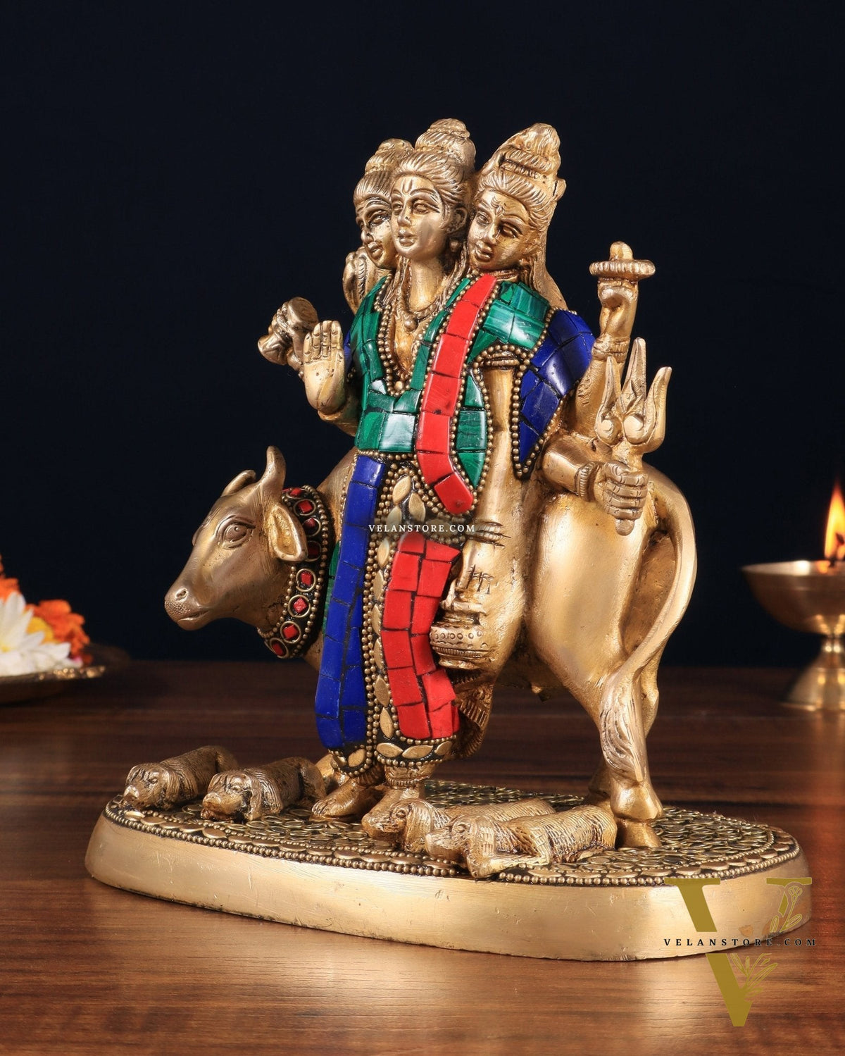 Pure Brass Dattatreya guru with a cow and four dogs idol