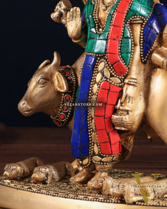 Pure Brass Dattatreya guru with a cow and four dogs idol