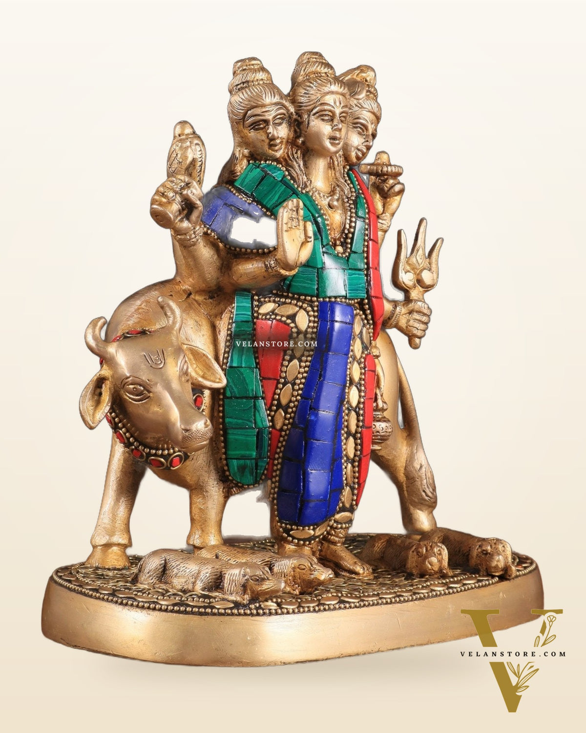 Pure Brass Dattatreya guru with a cow and four dogs idol