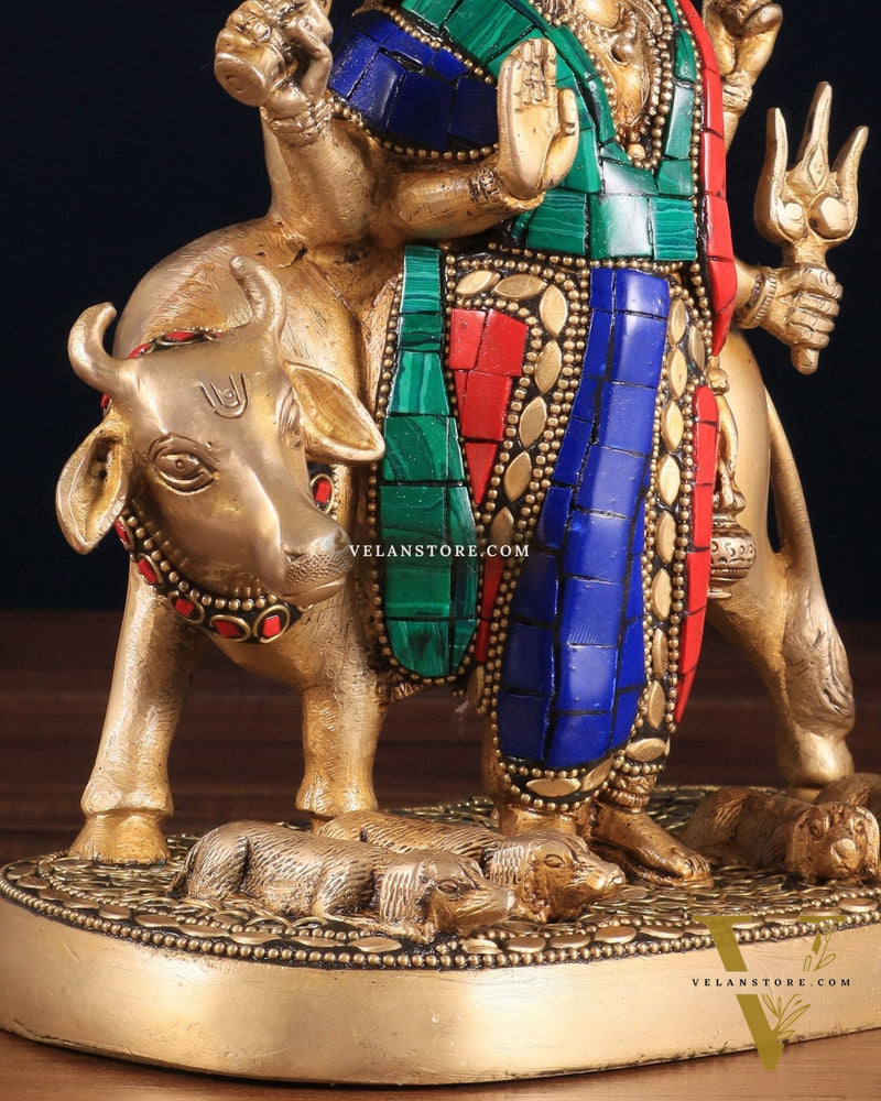 Pure Brass Dattatreya guru with a cow and four dogs idol