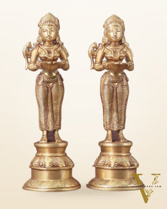 Pure Brass Deep Lady Oil Lamp Pair - Paavai Vilakku, 10"