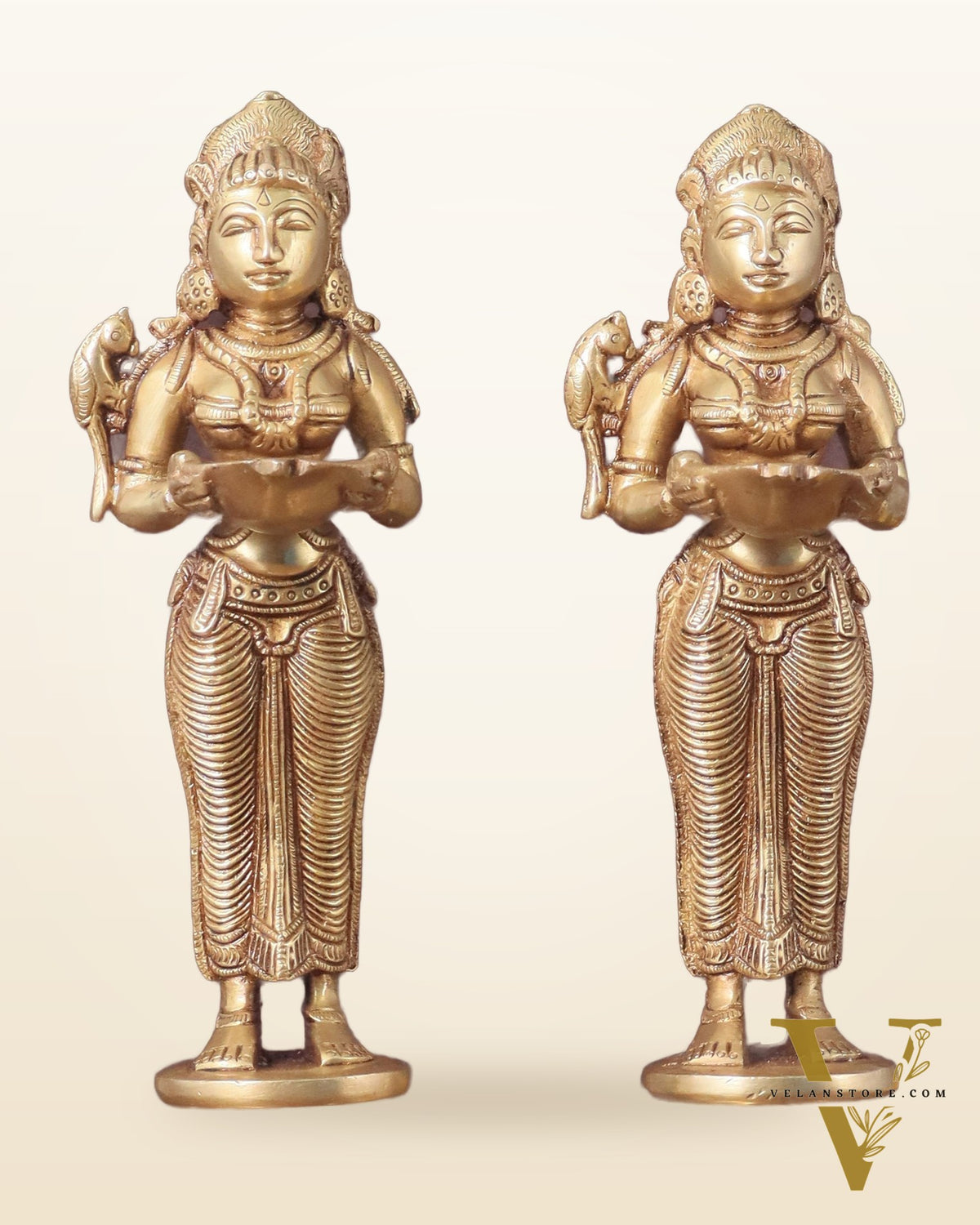 Pure Brass Deep Lady Oil Lamp Pair - Paavai Vilakku, 10"