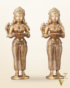 Pure Brass Deep Lady Oil Lamp Pair - Paavai Vilakku, 10"