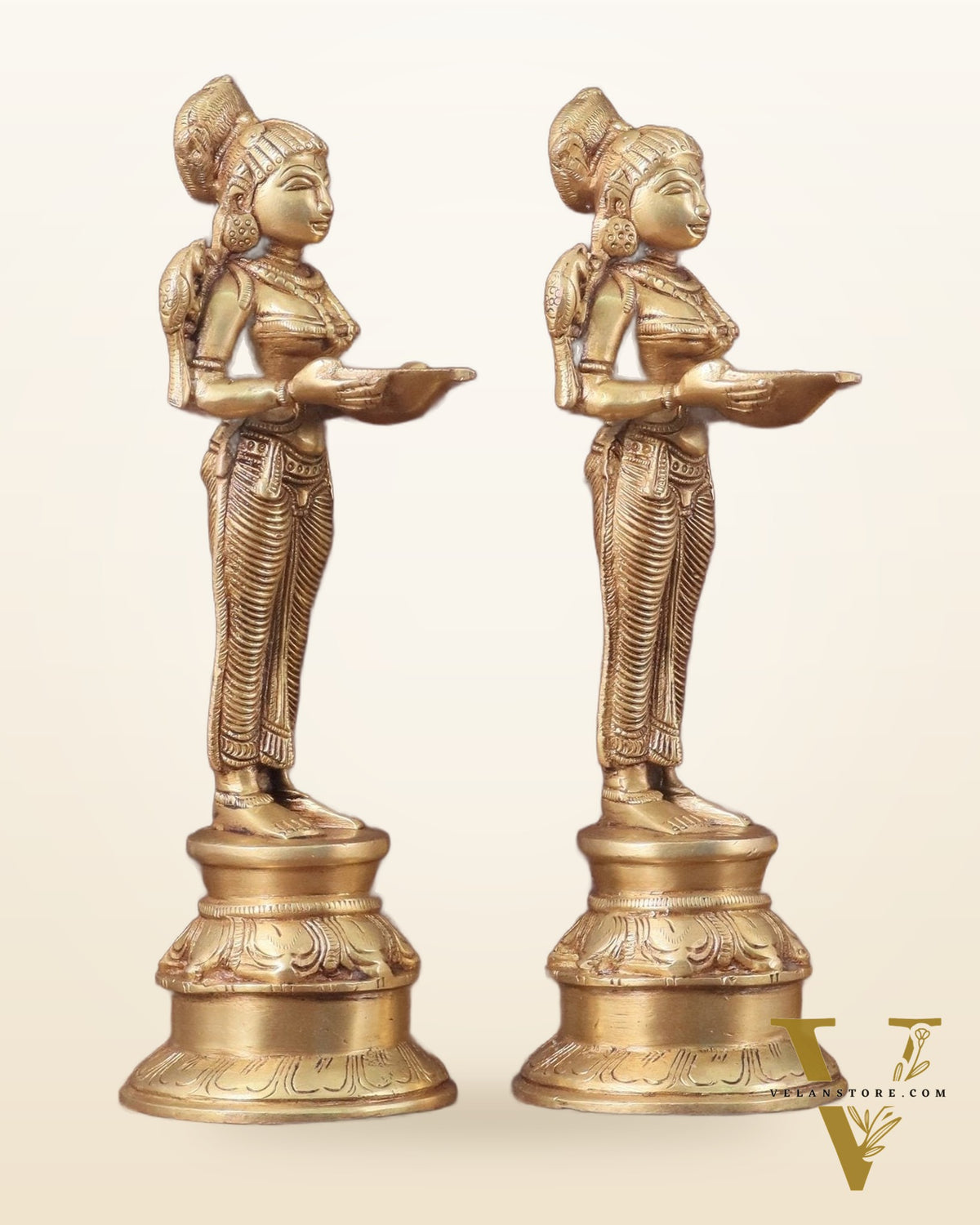 Pure Brass Deep Lady Oil Lamp Pair - Paavai Vilakku, 10"
