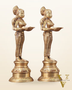 Pure Brass Deep Lady Oil Lamp Pair - Paavai Vilakku, 10"