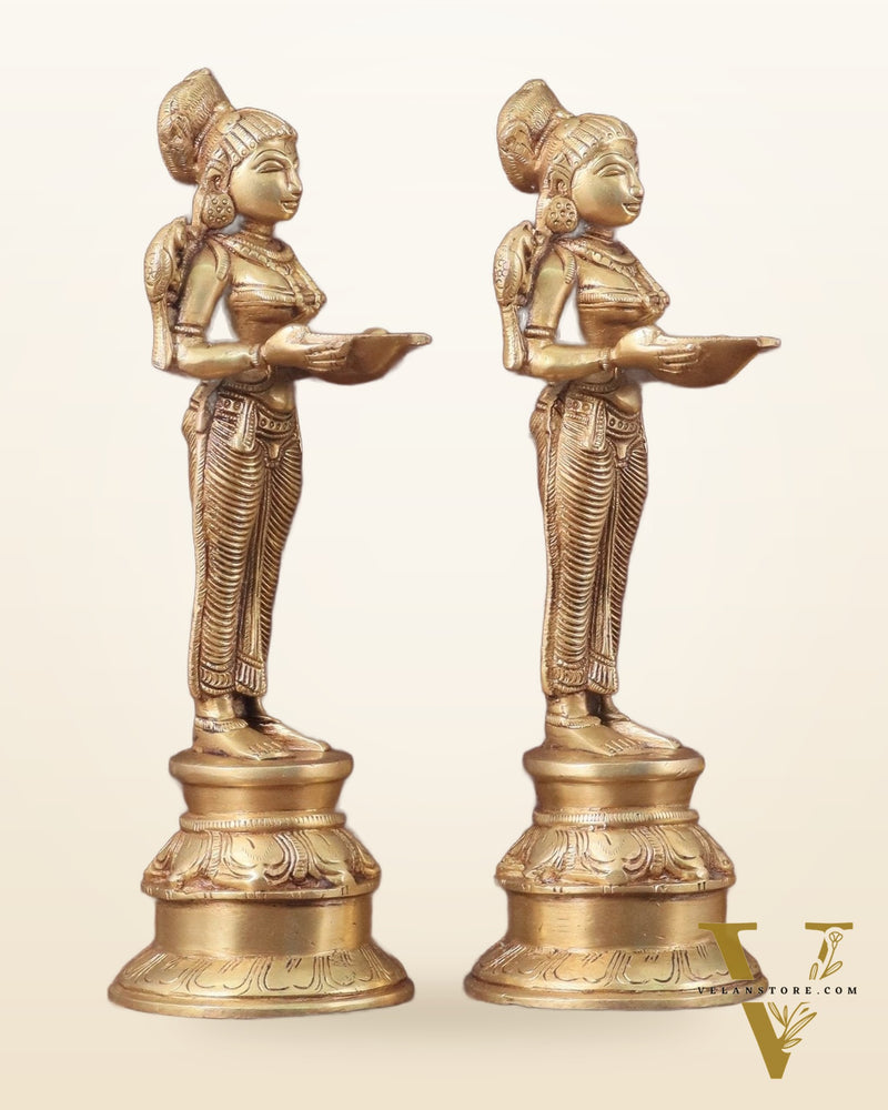 Pure Brass Deep Lady Oil Lamp Pair - Paavai Vilakku, 10"