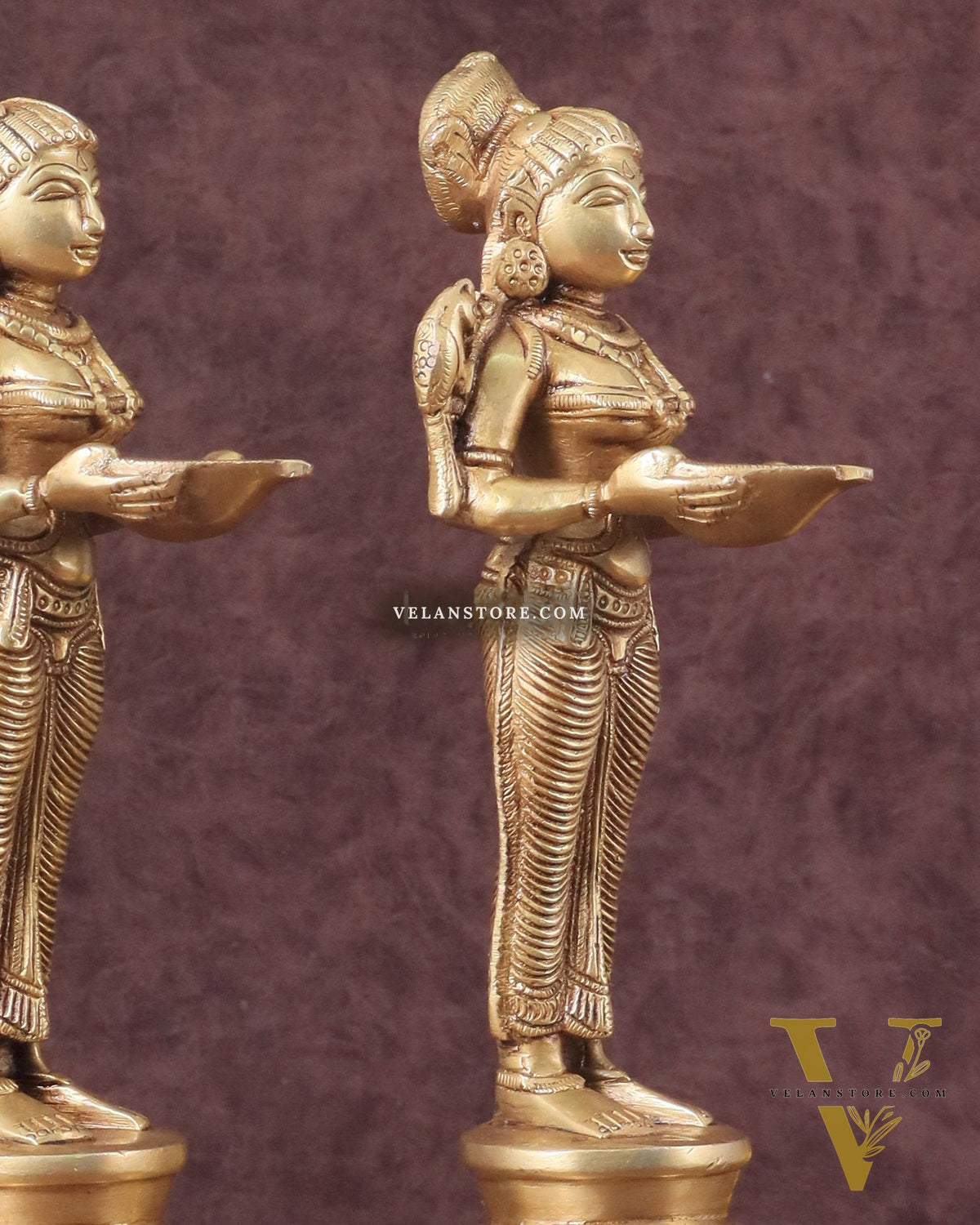 Pure Brass Deep Lady Oil Lamp Pair - Paavai Vilakku, 10"