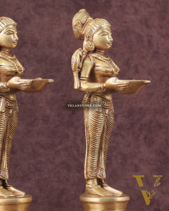 Pure Brass Deep Lady Oil Lamp Pair - Paavai Vilakku, 10"