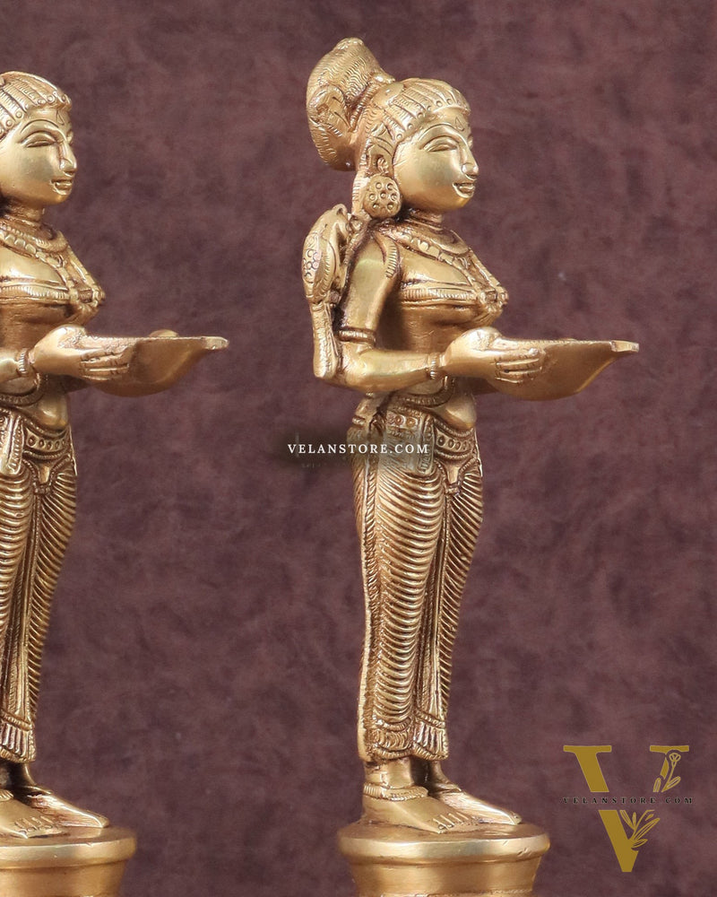 Pure Brass Deep Lady Oil Lamp Pair - Paavai Vilakku, 10"