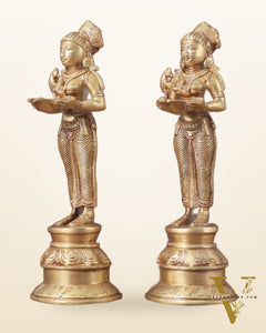 Pure Brass Deep Lady Oil Lamp Pair - Paavai Vilakku, 10"