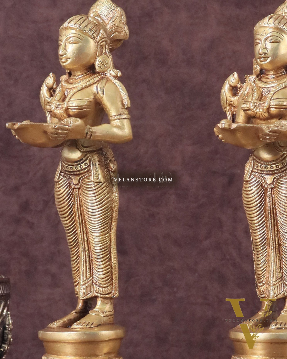 Pure Brass Deep Lady Oil Lamp Pair - Paavai Vilakku, 10"