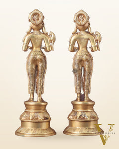 Pure Brass Deep Lady Oil Lamp Pair - Paavai Vilakku, 10"