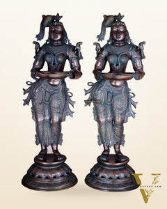 Pure Brass Deep Lady Vilakku Pair with Vintage Green Bronze Tone – 36" Traditional Lamps
