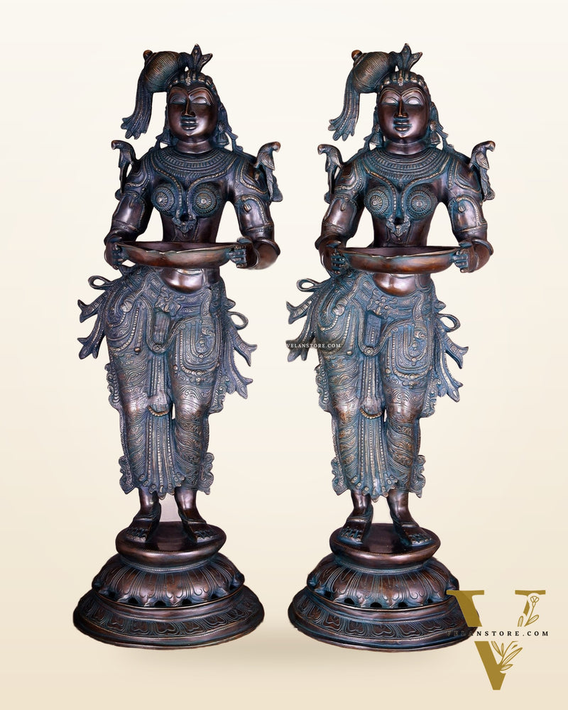 Pure Brass Deep Lady Vilakku Pair with Vintage Green Bronze Tone – 36" Traditional Lamps
