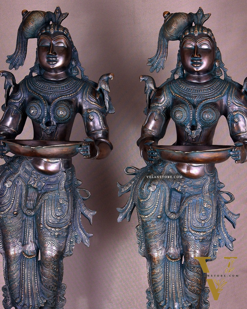 Pure Brass Deep Lady Vilakku Pair with Vintage Green Bronze Tone – 36" Traditional Lamps