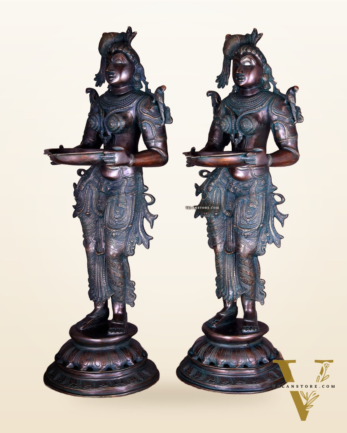 Pure Brass Deep Lady Vilakku Pair with Vintage Green Bronze Tone – 36" Traditional Lamps