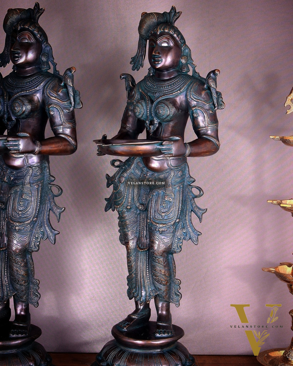 Pure Brass Deep Lady Vilakku Pair with Vintage Green Bronze Tone – 36" Traditional Lamps