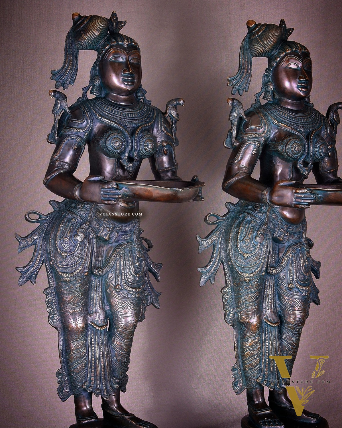 Pure Brass Deep Lady Vilakku Pair with Vintage Green Bronze Tone – 36" Traditional Lamps