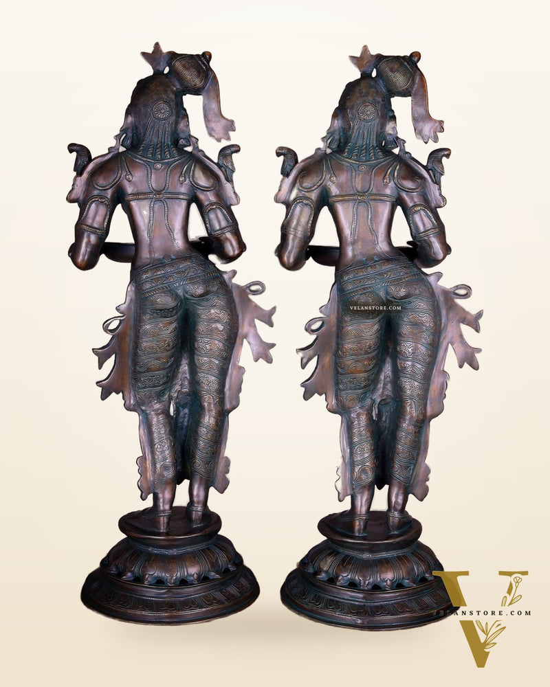 Pure Brass Deep Lady Vilakku Pair with Vintage Green Bronze Tone – 36" Traditional Lamps