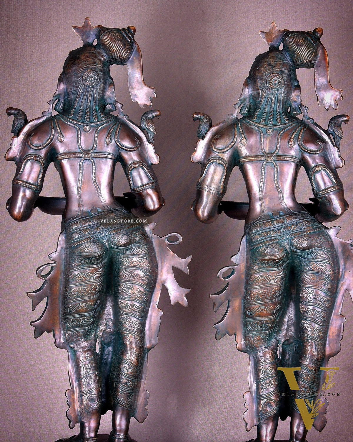 Pure Brass Deep Lady Vilakku Pair with Vintage Green Bronze Tone – 36" Traditional Lamps