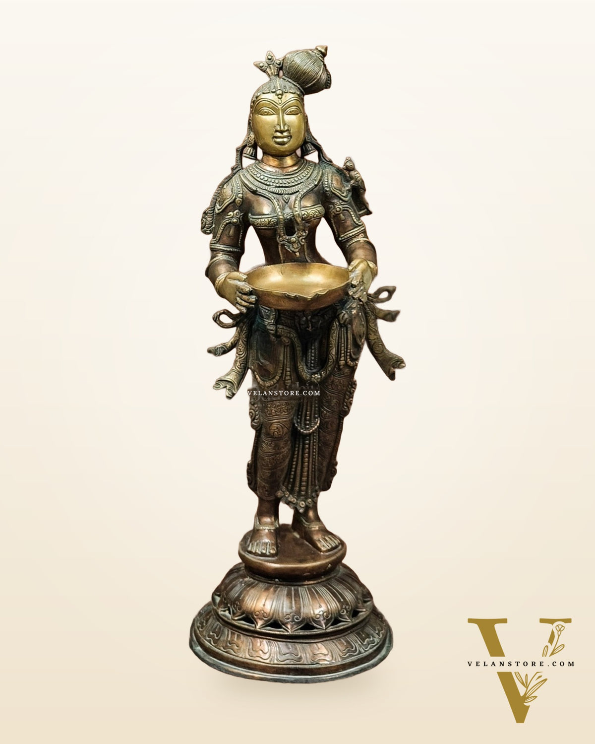 Pure Brass Deep Lady Vilakku with Bronze Finish – 36" Traditional Lamp