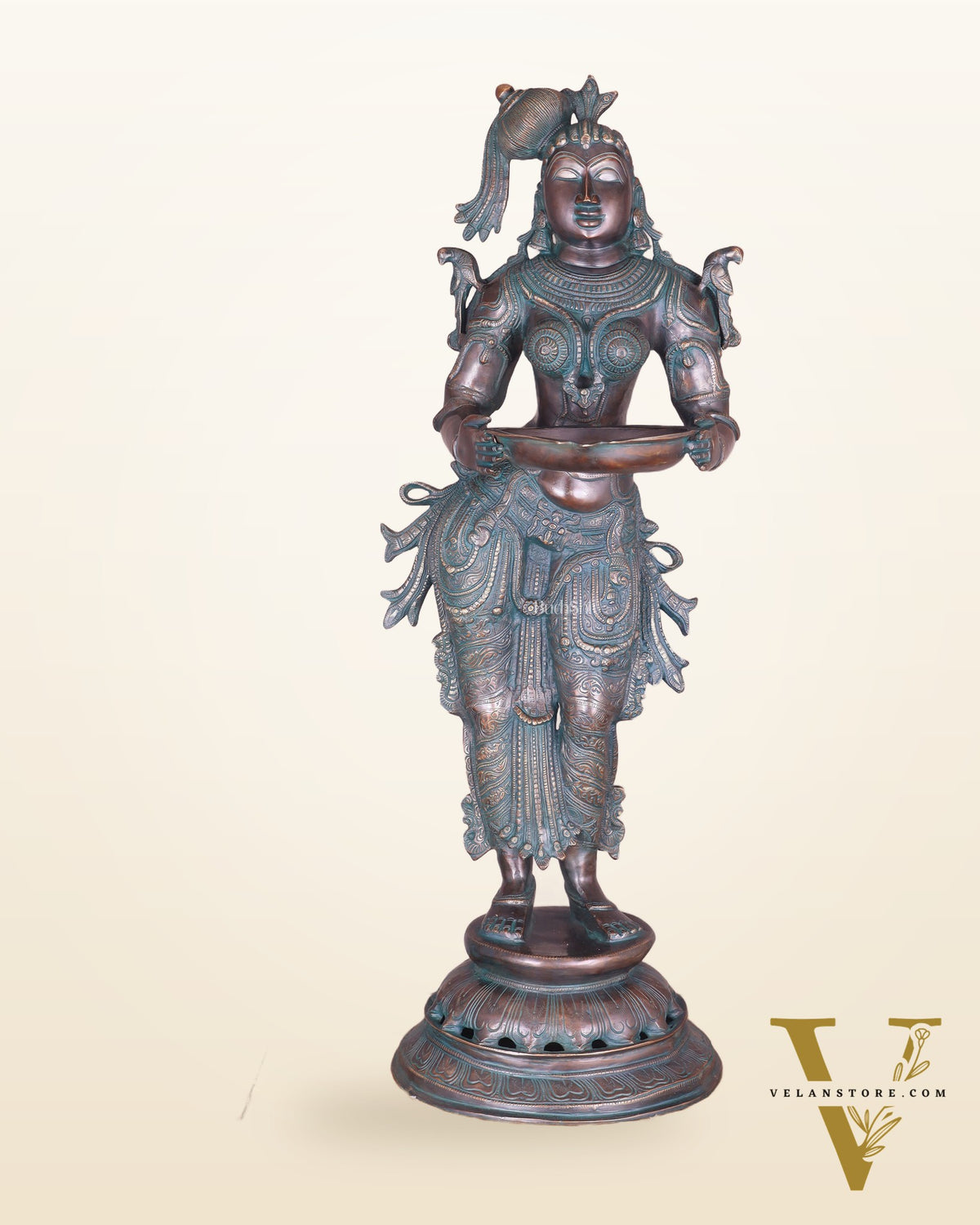 Pure Brass Deep Lady Vilakku with Vintage Green black Bronze Tone – 36" Traditional Lamp