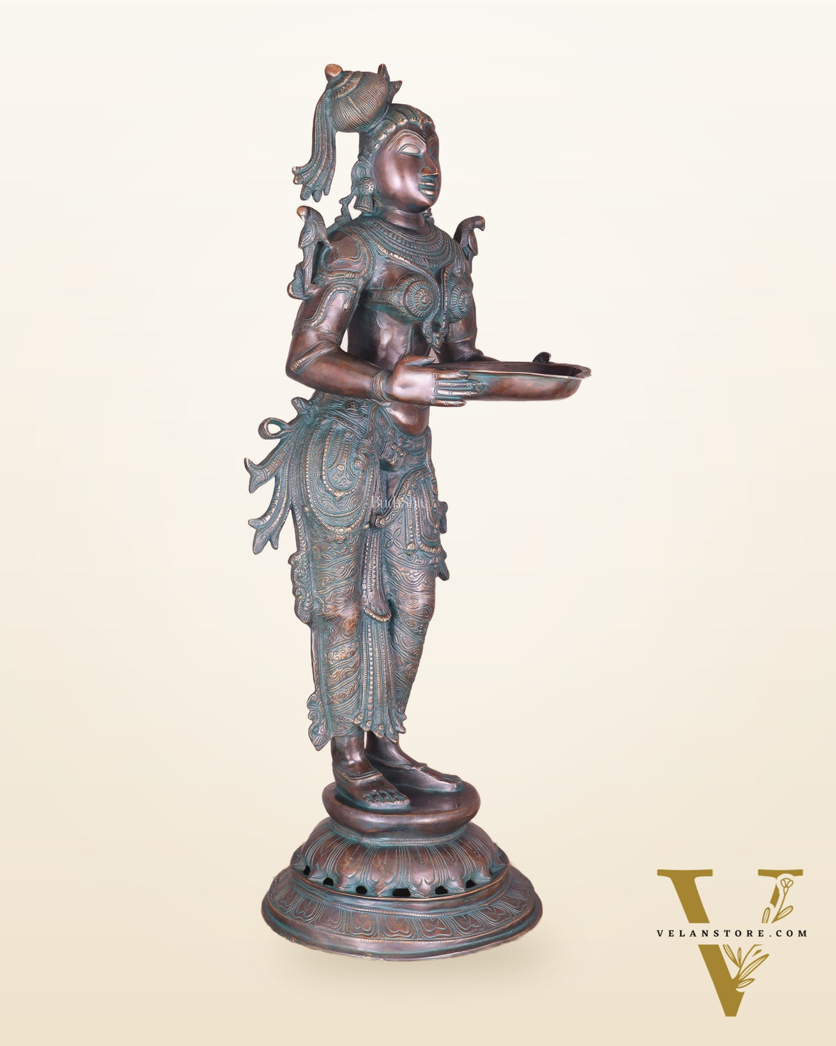 Pure Brass Deep Lady Vilakku with Vintage Green black Bronze Tone – 36" Traditional Lamp