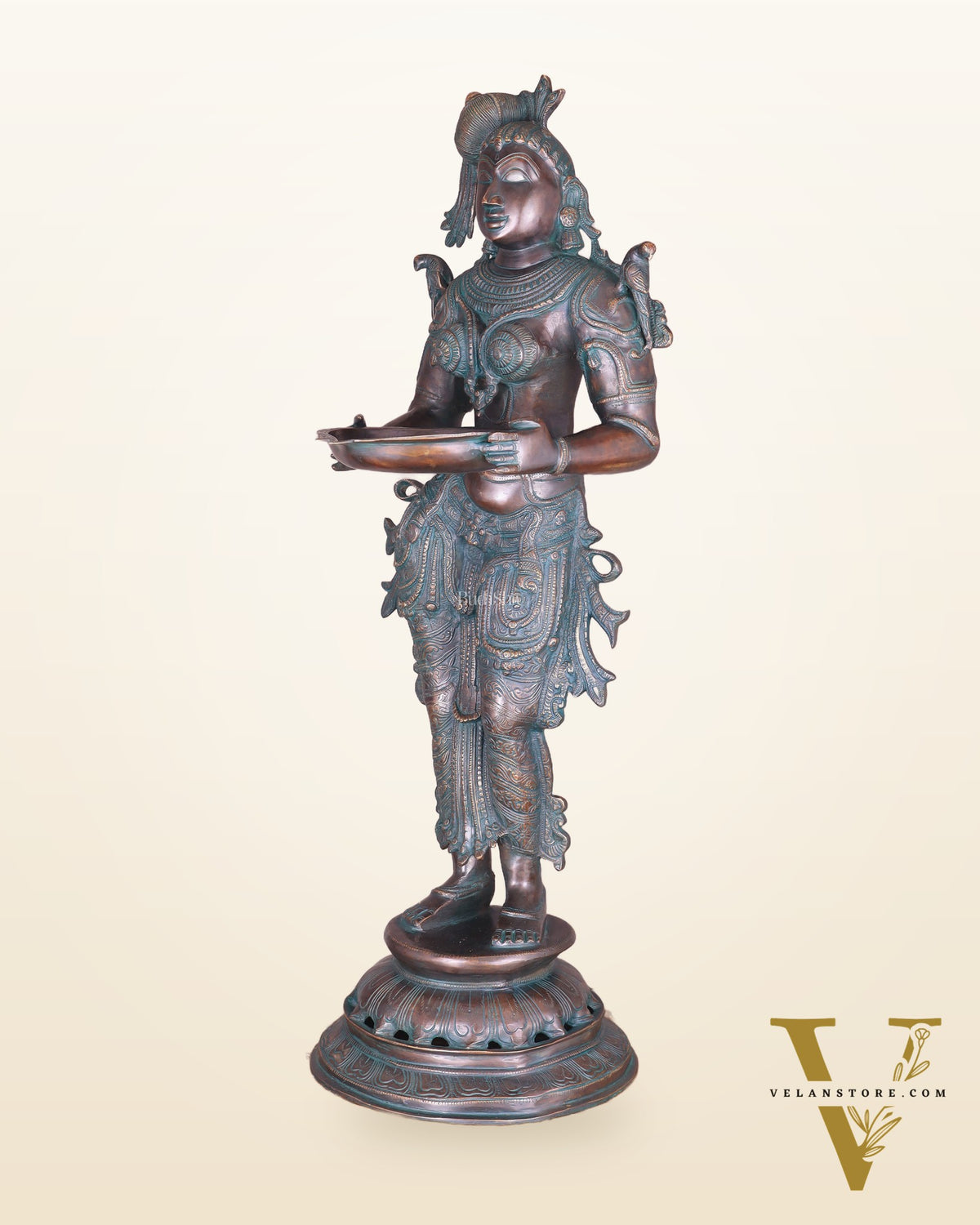 Pure Brass Deep Lady Vilakku with Vintage Green black Bronze Tone – 36" Traditional Lamp