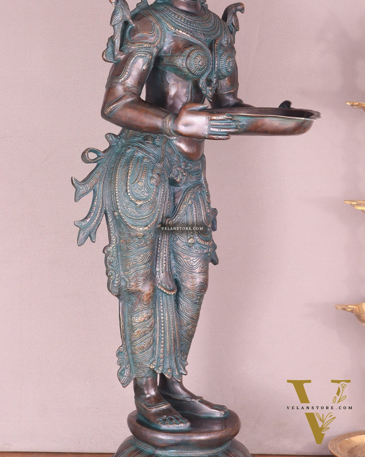 Pure Brass Deep Lady Vilakku with Vintage Green black Bronze Tone – 36" Traditional Lamp