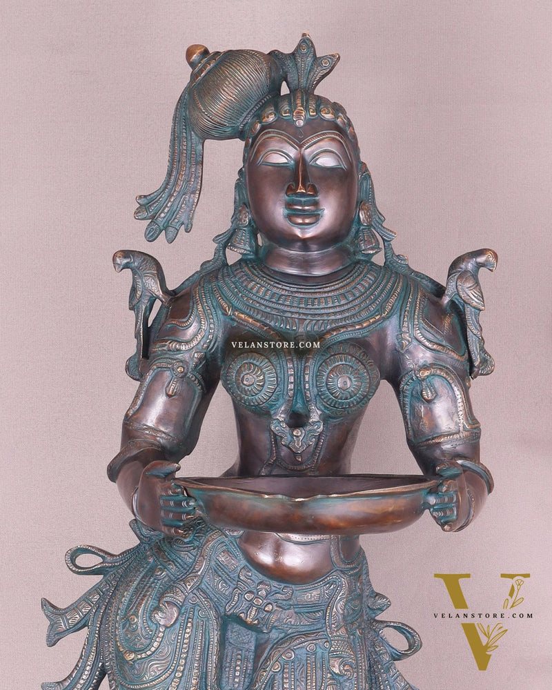 Pure Brass Deep Lady Vilakku with Vintage Green black Bronze Tone – 36" Traditional Lamp