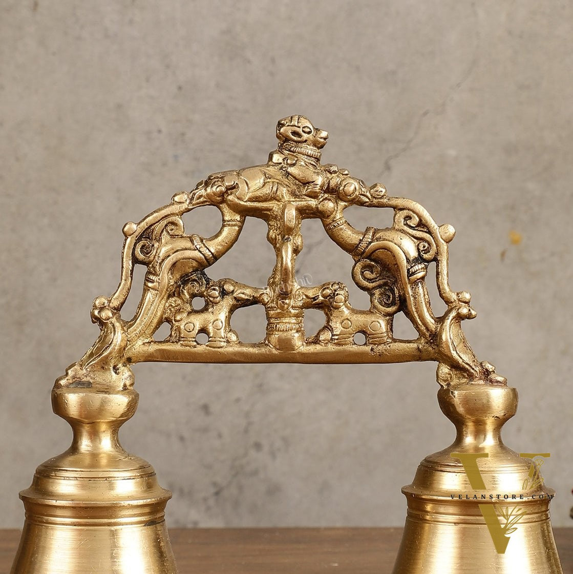 Pure Brass Double Handbell with Nandi Design - 6.5 Inch