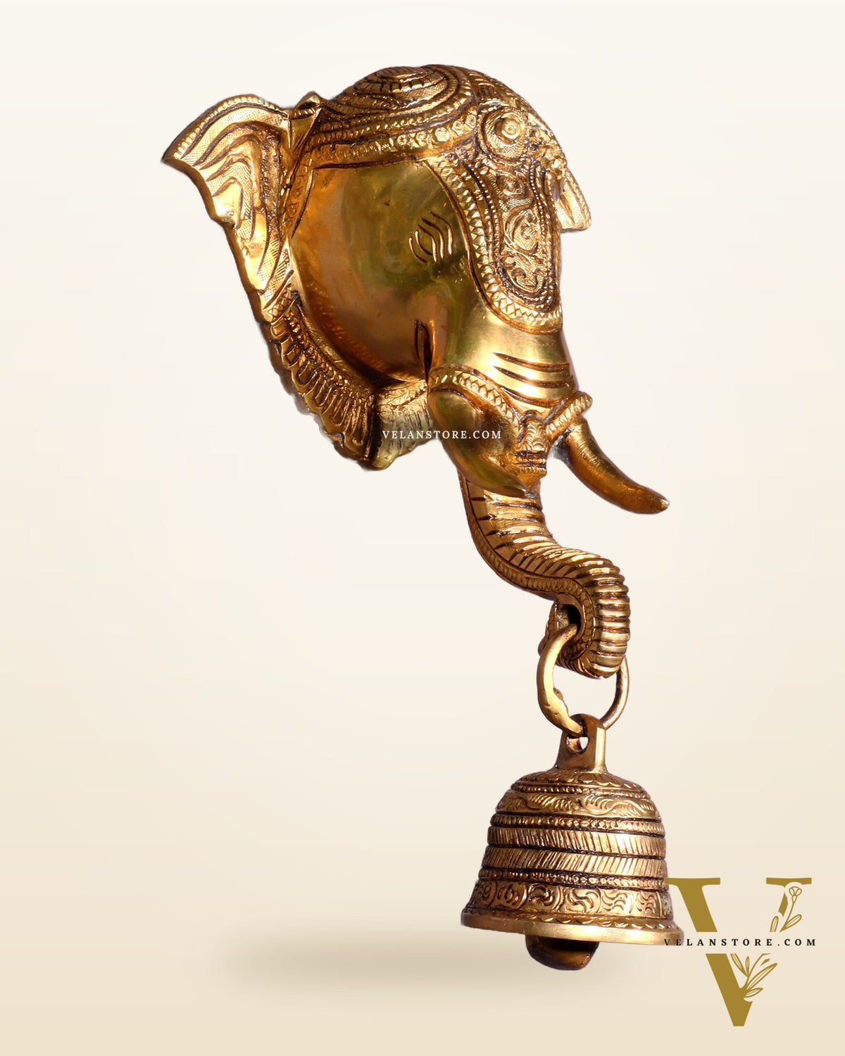 Pure Brass Elephant Face with Bell Wall Hanging 10.6"