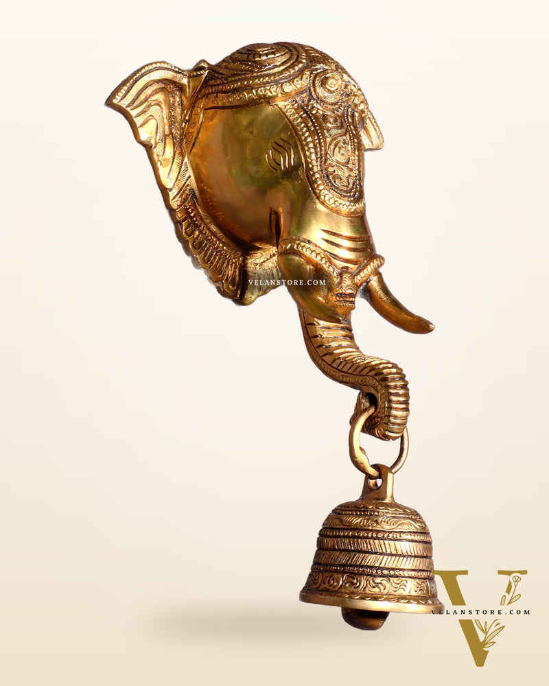 Pure Brass Elephant Face with Bell Wall Hanging 10.6"
