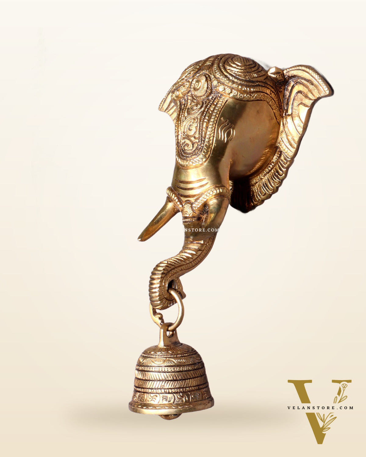 Pure Brass Elephant Face with Bell Wall Hanging 10.6"