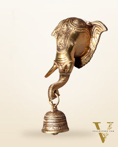 Pure Brass Elephant Face with Bell Wall Hanging 10.6"
